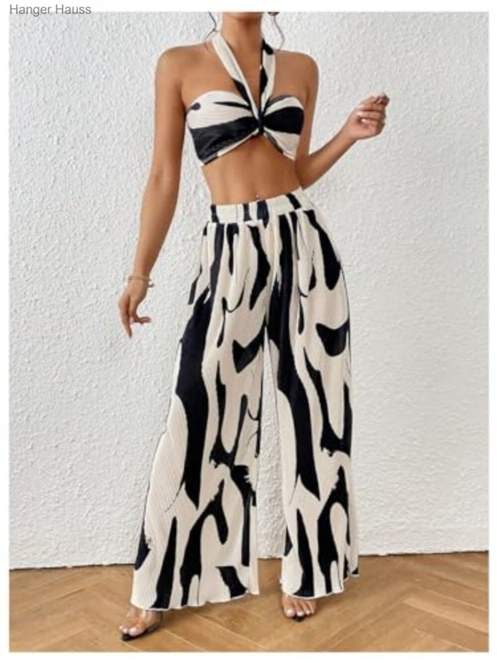 Two Piece Graphic Halter Top Wide Leg Pants Vacation Outfit - Picture 2 of 6